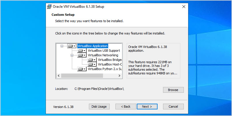 virtualbox custom setup page