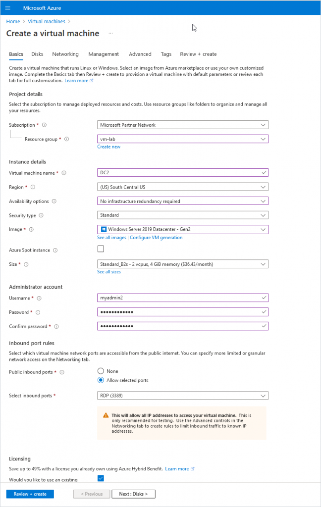 virtual machine basic settings