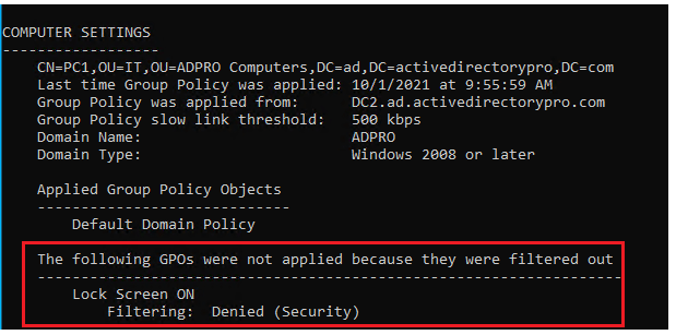 Verify the lock screen policy is denied with the gpresult command