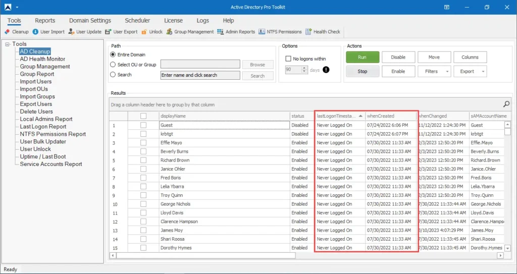 active directory users with no logon history