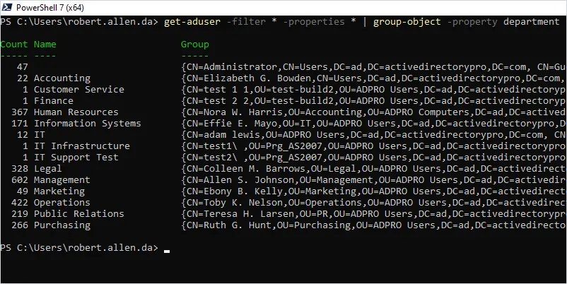 powershell count of users in each department