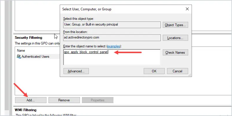 add group to security filter