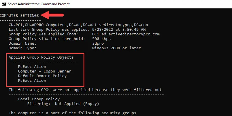 gpresult command troubleshoot gpo