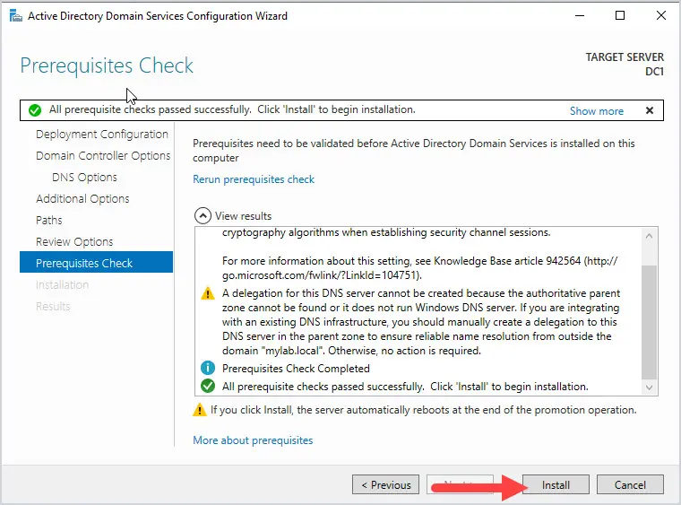 active directory domain services prerequisites check