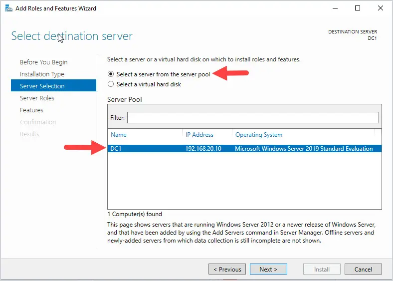 windows server select dc1