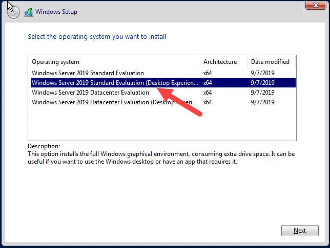 select windows server standard