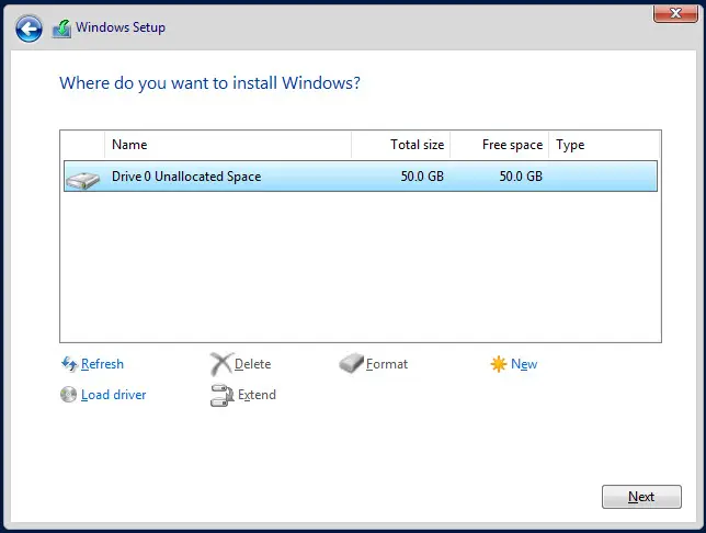 windows server setup disk space