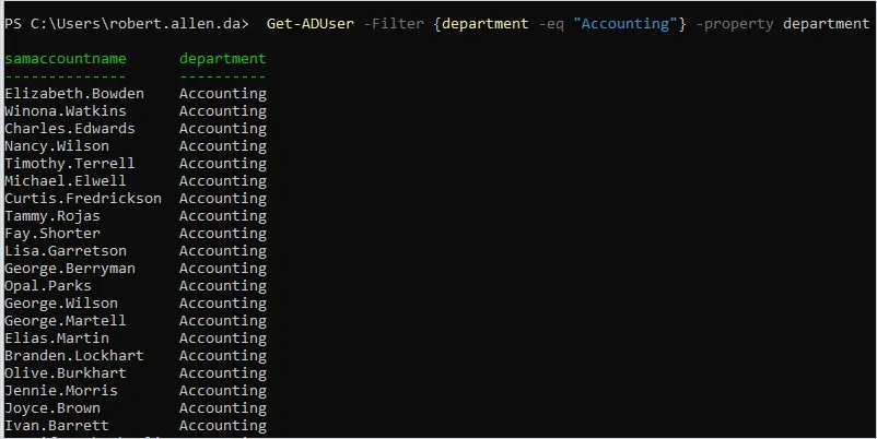 powershell search for users in specific department