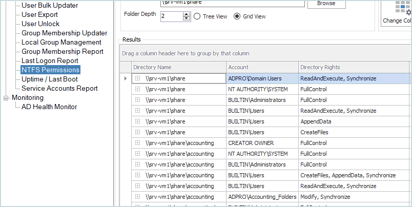 How to list ntfs permissions for all folders