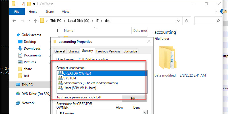 folder security properties